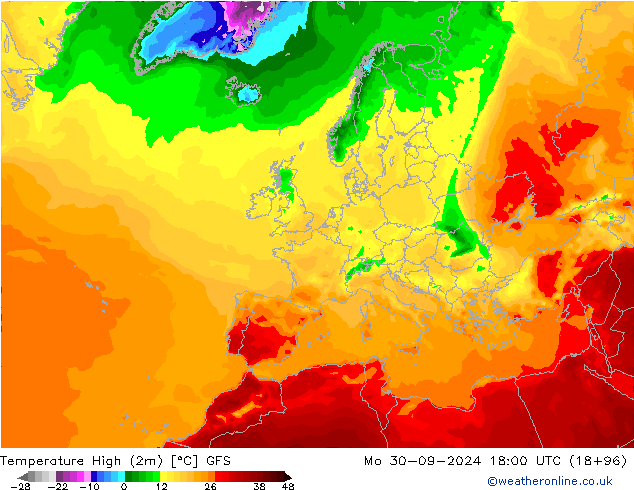 Max.temperatuur (2m) GFS ma 30.09.2024 18 UTC