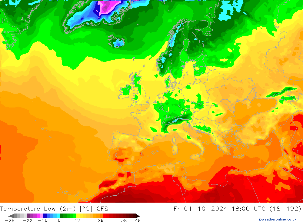 Tiefstwerte (2m) GFS Oktober 2024