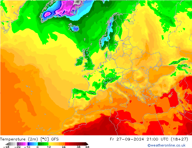 Temperatuurkaart (2m) GFS vr 27.09.2024 21 UTC