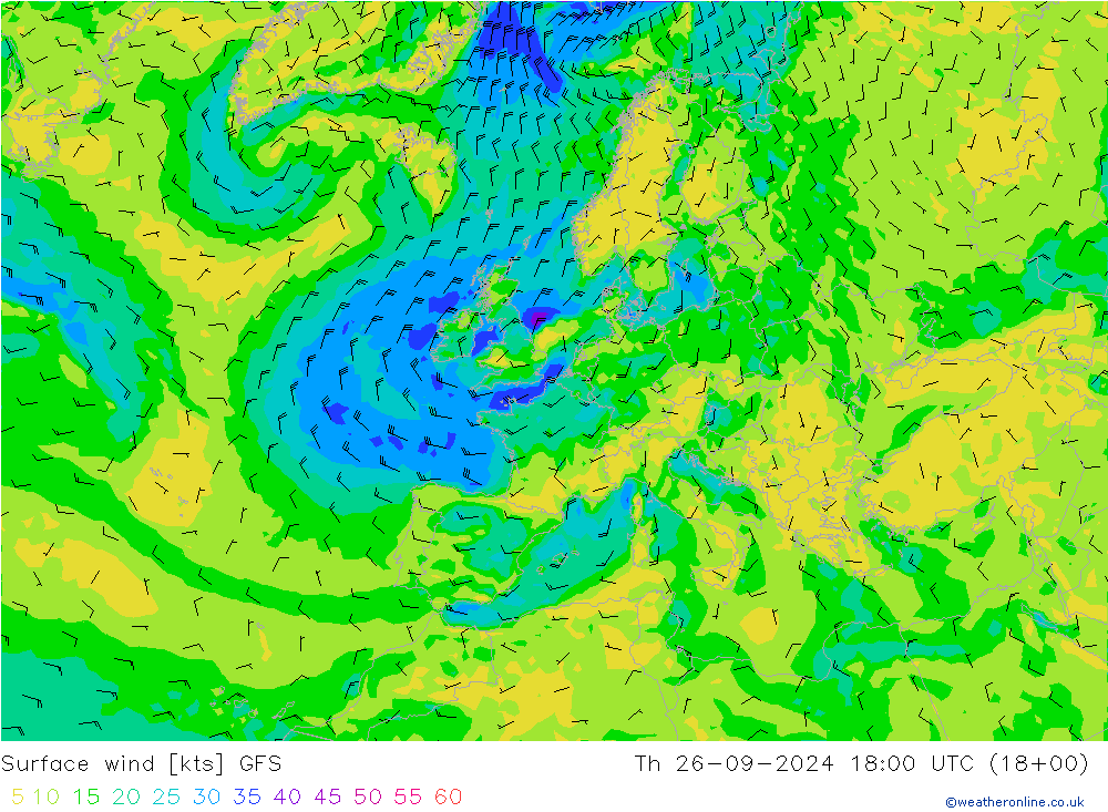 Surface wind GFS Čt 26.09.2024 18 UTC