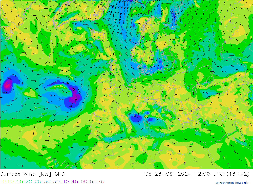 Surface wind GFS Sa 28.09.2024 12 UTC