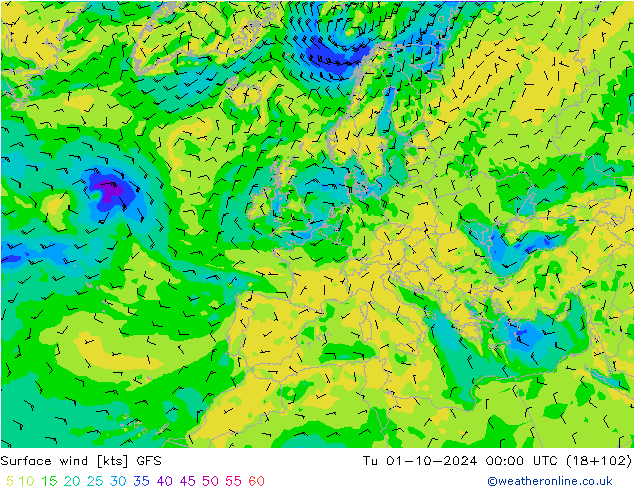 Surface wind GFS Tu 01.10.2024 00 UTC