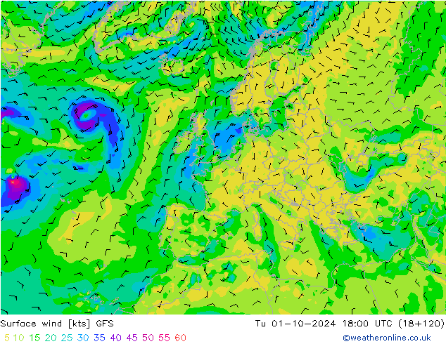 Surface wind GFS Út 01.10.2024 18 UTC