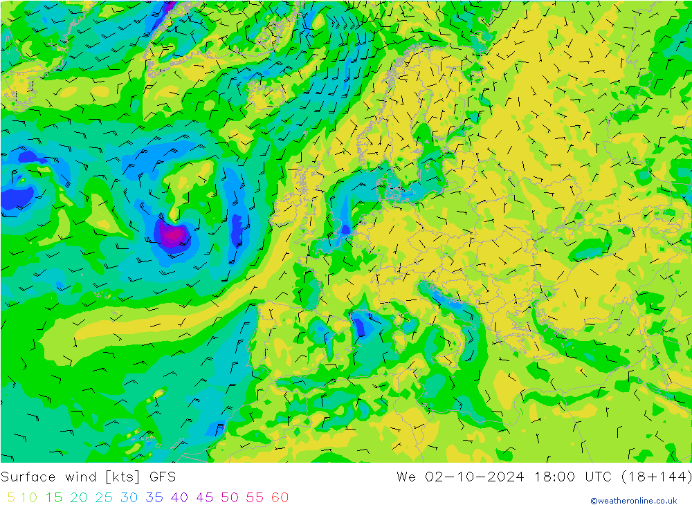 Rüzgar 10 m GFS Çar 02.10.2024 18 UTC