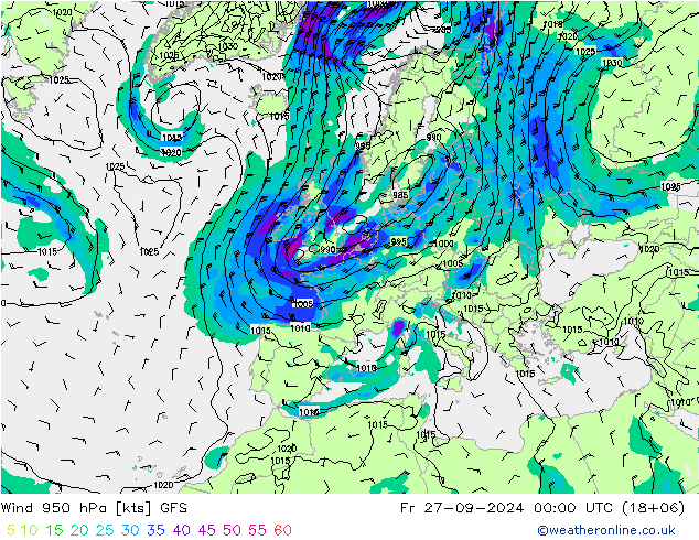 Vento 950 hPa GFS ven 27.09.2024 00 UTC