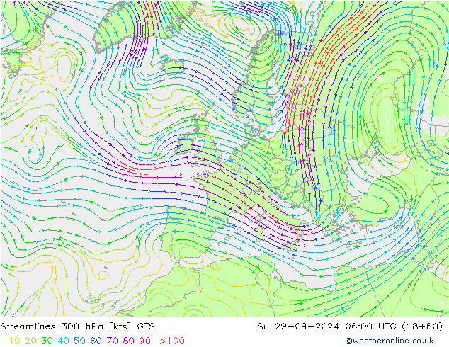 Streamlines 300 hPa GFS Su 29.09.2024 06 UTC