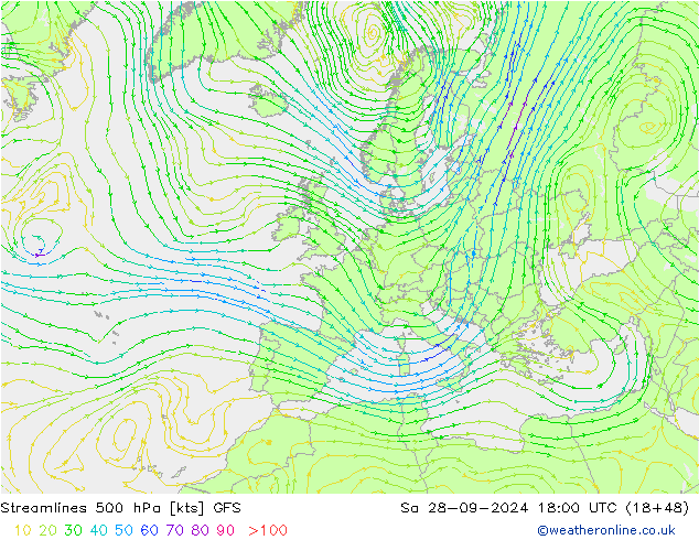 Streamlines 500 hPa GFS Sa 28.09.2024 18 UTC