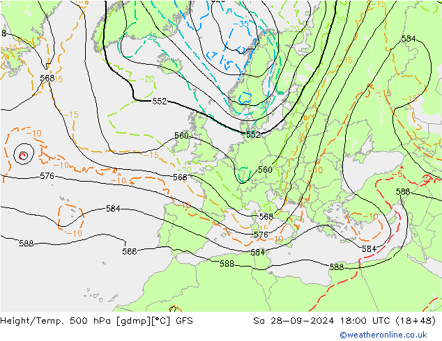 Height/Temp. 500 hPa GFS Sa 28.09.2024 18 UTC