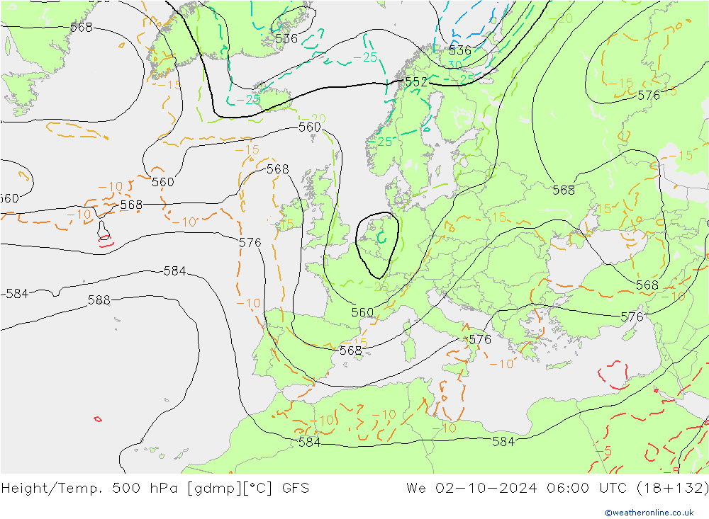 Z500/Rain (+SLP)/Z850 GFS Qua 02.10.2024 06 UTC