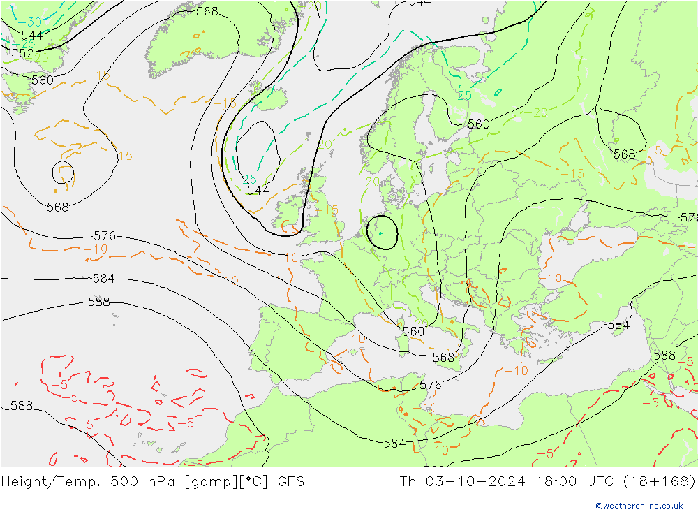 Height/Temp. 500 hPa GFS Th 03.10.2024 18 UTC