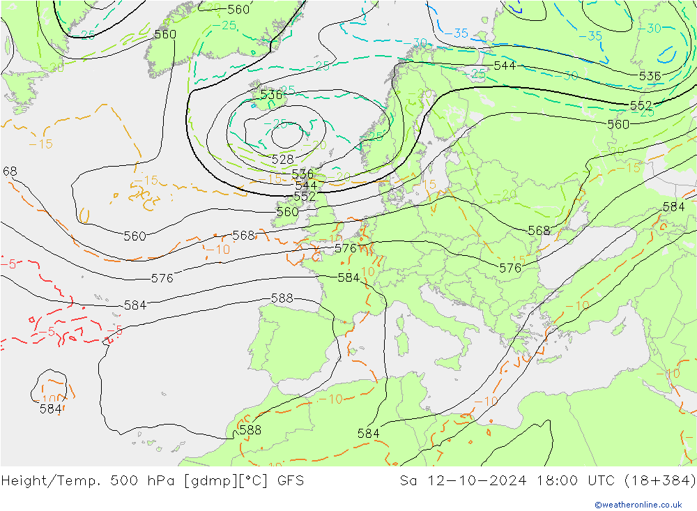 Hoogte/Temp. 500 hPa GFS za 12.10.2024 18 UTC