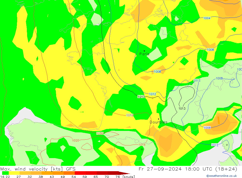 Max. wind velocity GFS Fr 27.09.2024 18 UTC