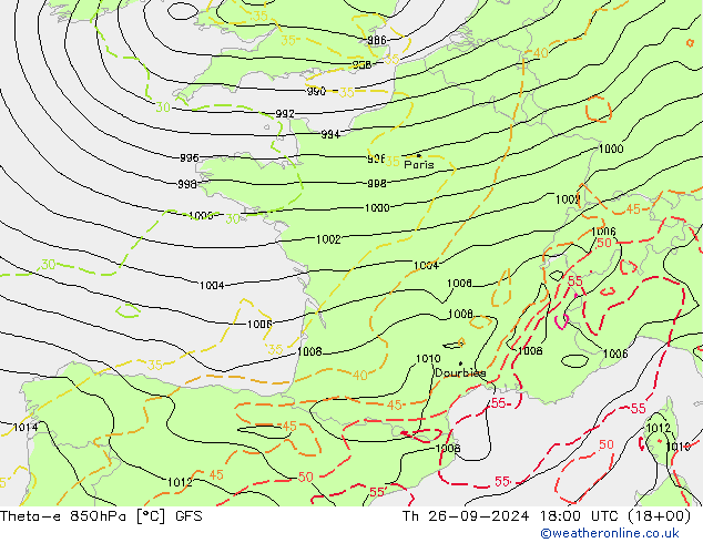 Theta-e 850hPa GFS do 26.09.2024 18 UTC