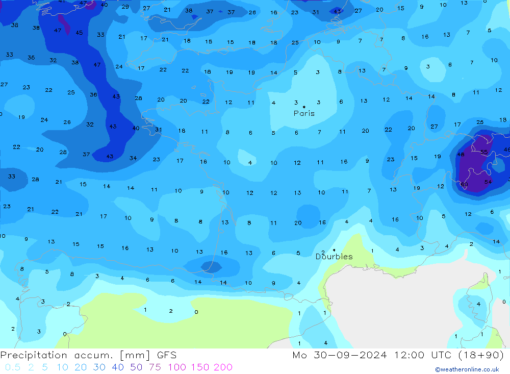 Precipitation accum. GFS Mo 30.09.2024 12 UTC