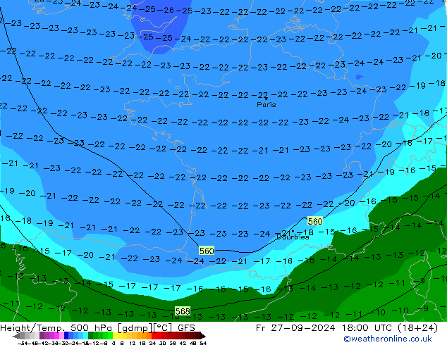 Yükseklik/Sıc. 500 hPa GFS Cu 27.09.2024 18 UTC