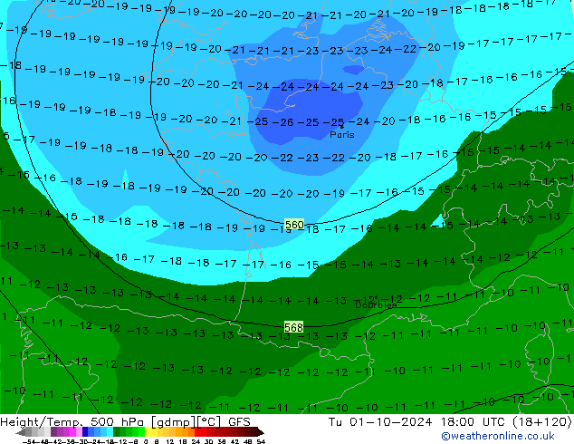 Z500/Rain (+SLP)/Z850 GFS Tu 01.10.2024 18 UTC