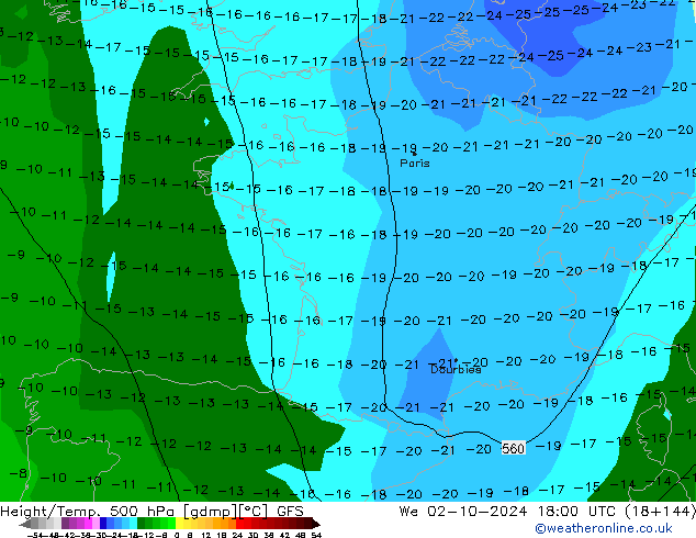 Z500/Yağmur (+YB)/Z850 GFS Çar 02.10.2024 18 UTC