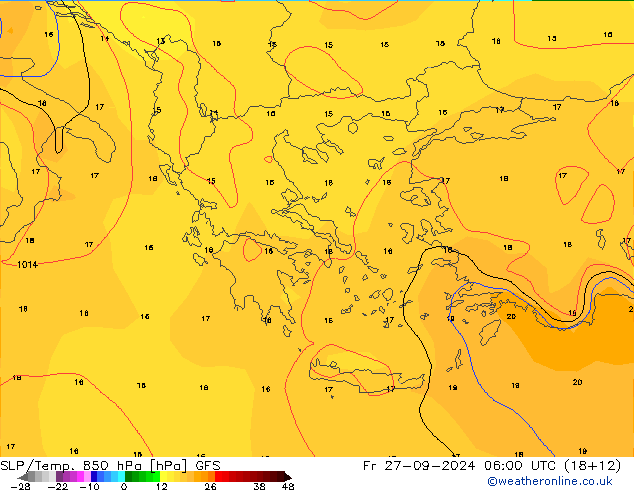 SLP/Temp. 850 гПа GFS пт 27.09.2024 06 UTC