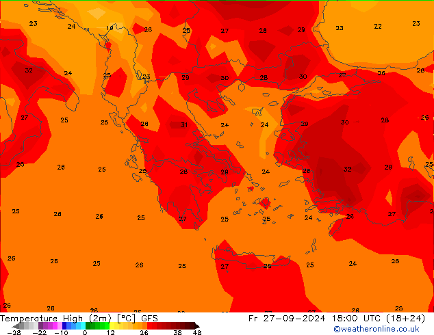 température 2m max GFS ven 27.09.2024 18 UTC