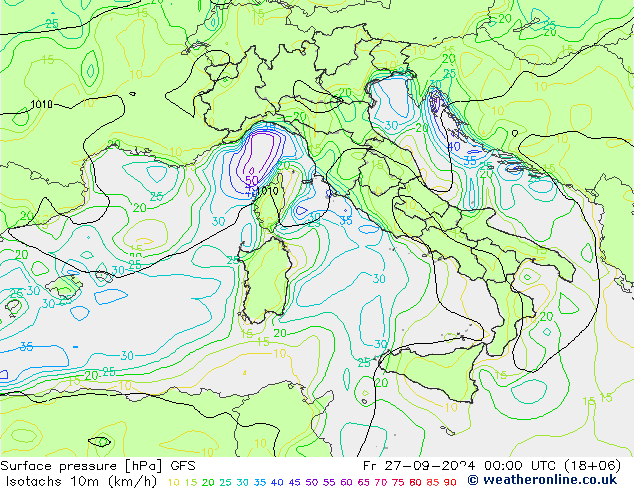 Isotachen (km/h) GFS Fr 27.09.2024 00 UTC