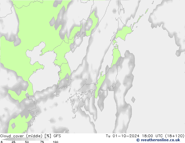 zachmurzenie (środk.) GFS wto. 01.10.2024 18 UTC