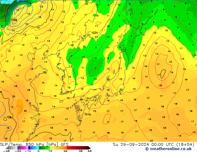 SLP/Temp. 850 hPa GFS zo 29.09.2024 00 UTC