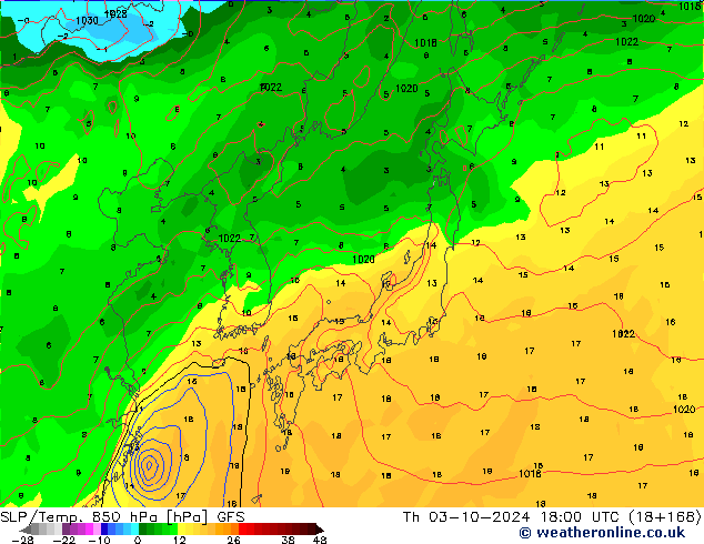 SLP/Temp. 850 hPa GFS gio 03.10.2024 18 UTC