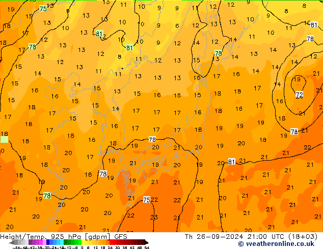 Géop./Temp. 925 hPa GFS jeu 26.09.2024 21 UTC