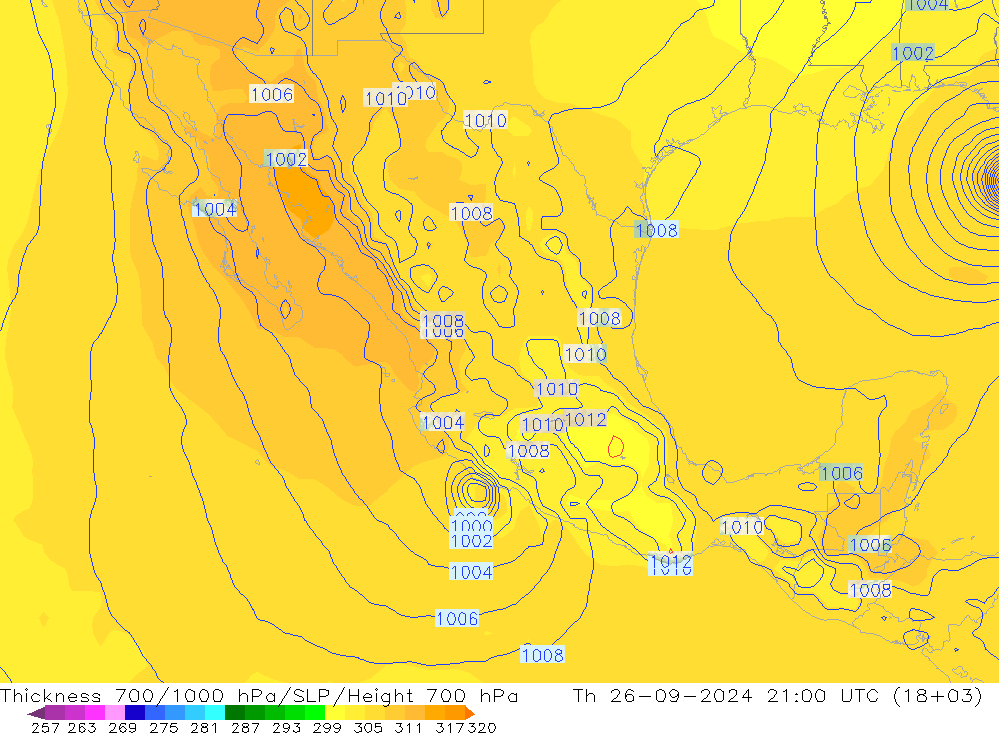 Thck 700-1000 hPa GFS Qui 26.09.2024 21 UTC