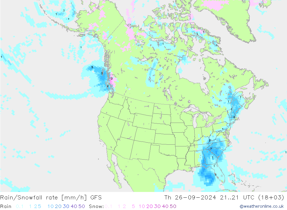 Rain/Snowfall rate GFS Th 26.09.2024 21 UTC