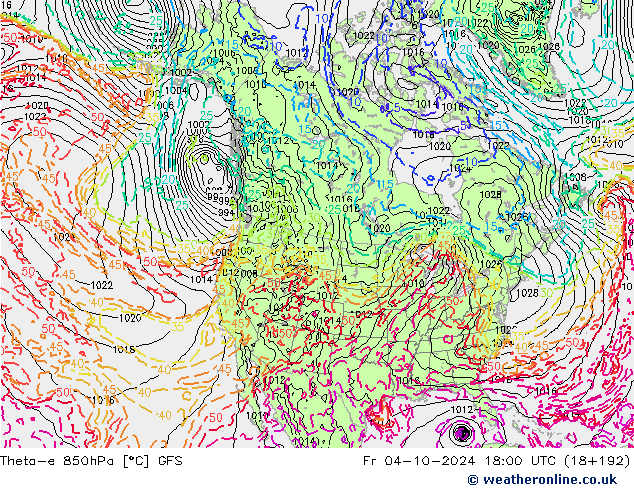 Theta-e 850hPa GFS Fr 04.10.2024 18 UTC