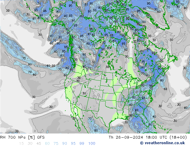 Humidité rel. 700 hPa GFS jeu 26.09.2024 18 UTC