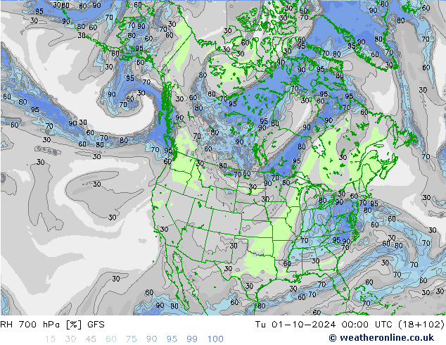 RH 700 hPa GFS Tu 01.10.2024 00 UTC