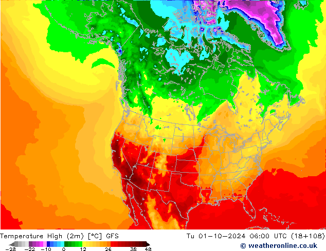 Nejvyšší teplota (2m) GFS Út 01.10.2024 06 UTC