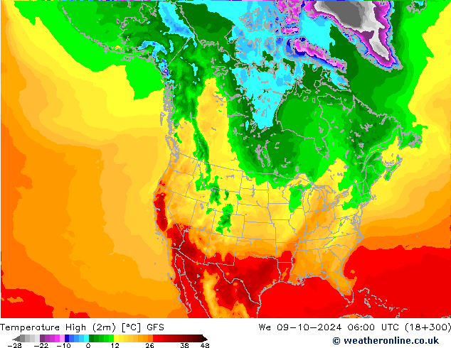 Temp. massima (2m) GFS mer 09.10.2024 06 UTC