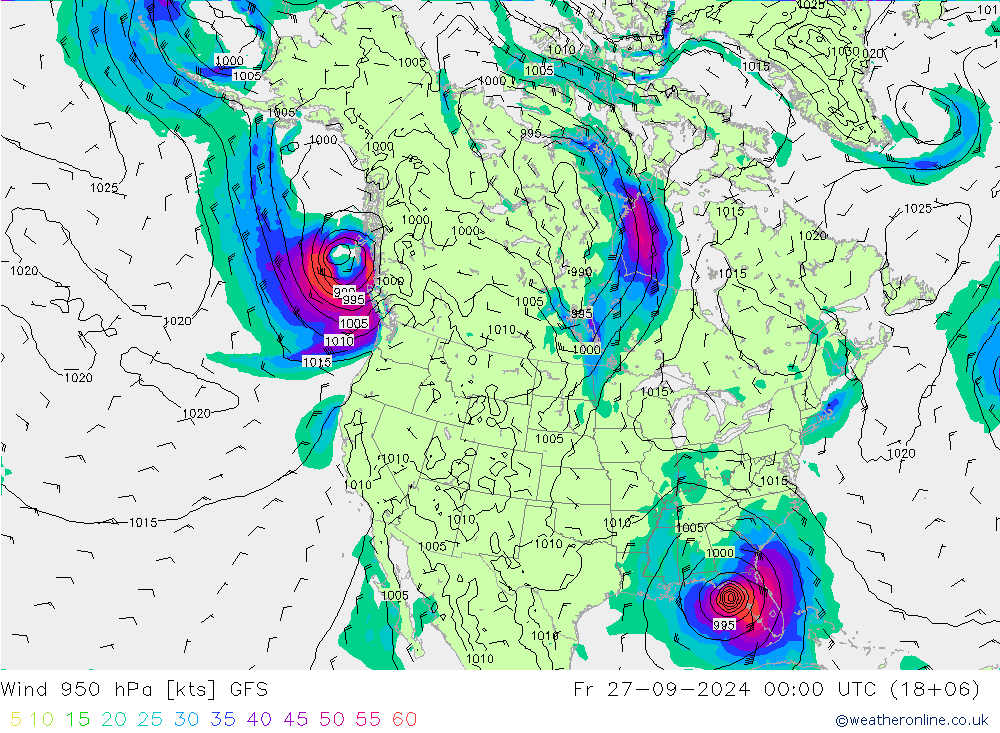 Vent 950 hPa GFS ven 27.09.2024 00 UTC