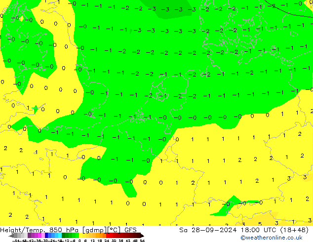 Height/Temp. 850 hPa GFS sab 28.09.2024 18 UTC