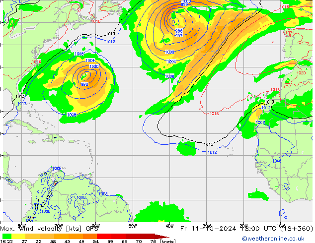 Max. wind velocity GFS Fr 11.10.2024 18 UTC