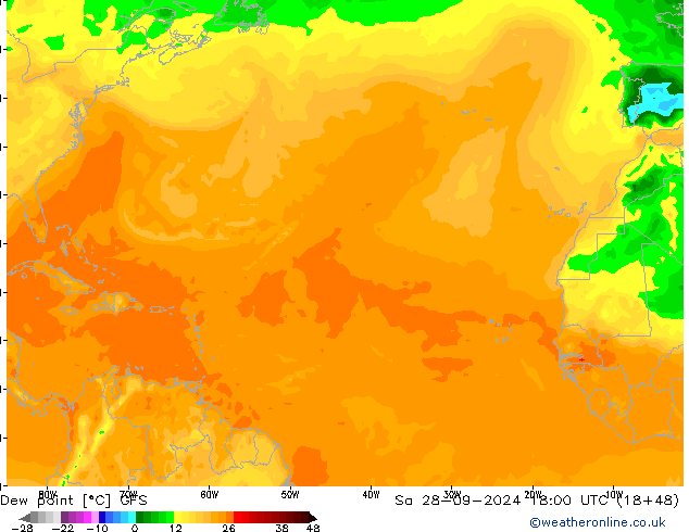 Dew point GFS Sa 28.09.2024 18 UTC