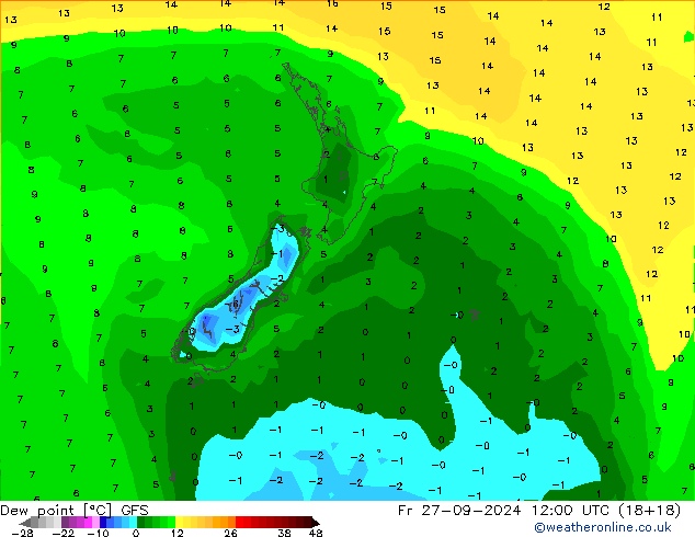 Punto de rocío GFS vie 27.09.2024 12 UTC