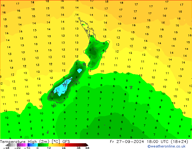 Temperature High (2m) GFS Fr 27.09.2024 18 UTC