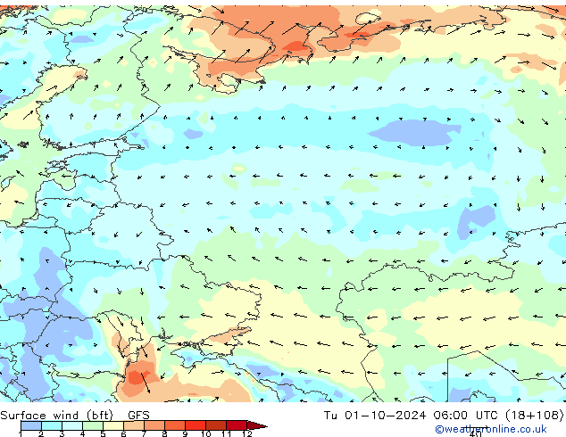 Wind 10 m (bft) GFS di 01.10.2024 06 UTC