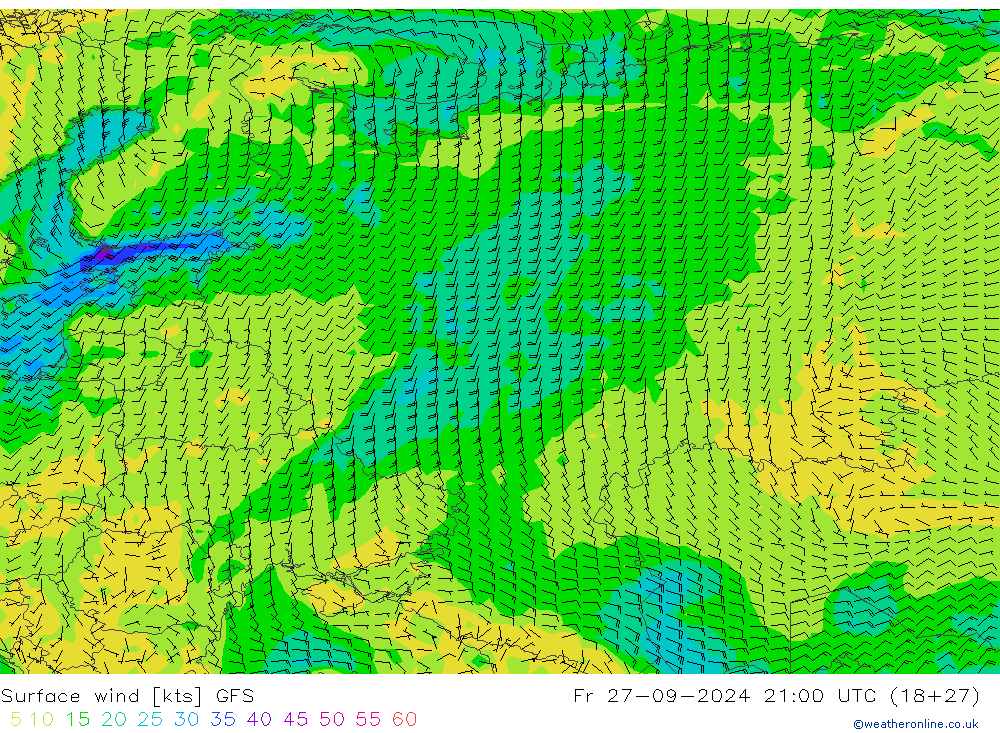 Rüzgar 10 m GFS Cu 27.09.2024 21 UTC