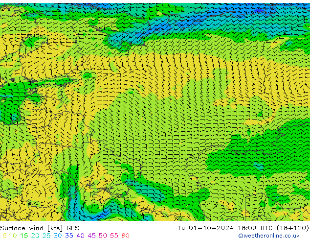 Surface wind GFS Tu 01.10.2024 18 UTC