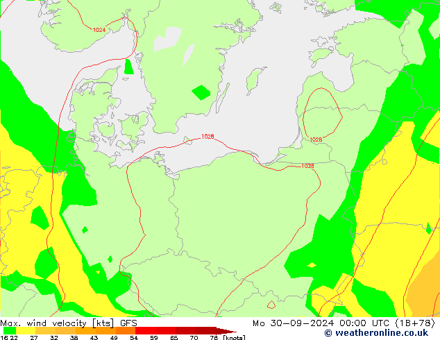 Max. wind velocity GFS pon. 30.09.2024 00 UTC