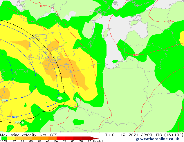 Max. wind velocity GFS mar 01.10.2024 00 UTC