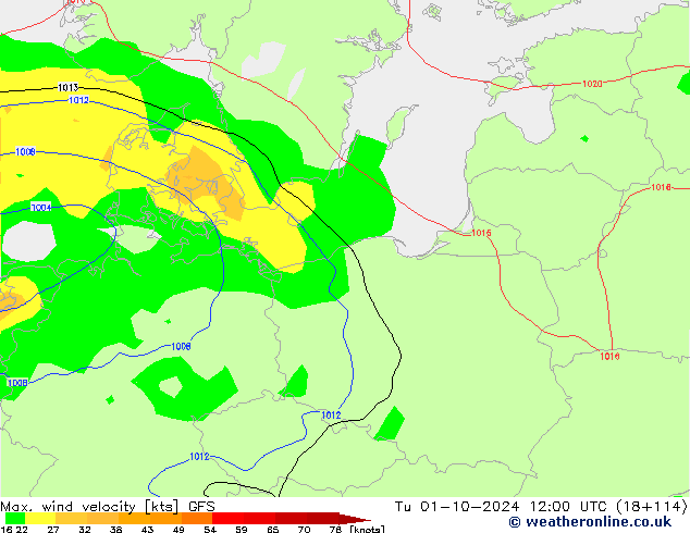 Max. wind velocity GFS вт 01.10.2024 12 UTC