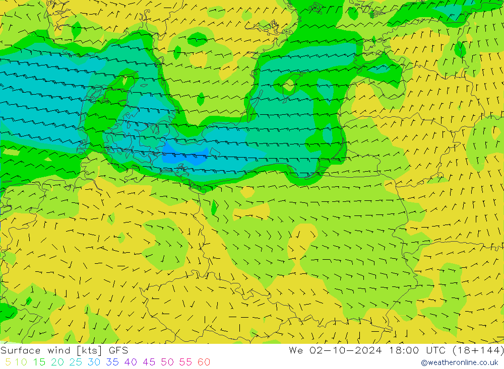 Vento 10 m GFS mer 02.10.2024 18 UTC