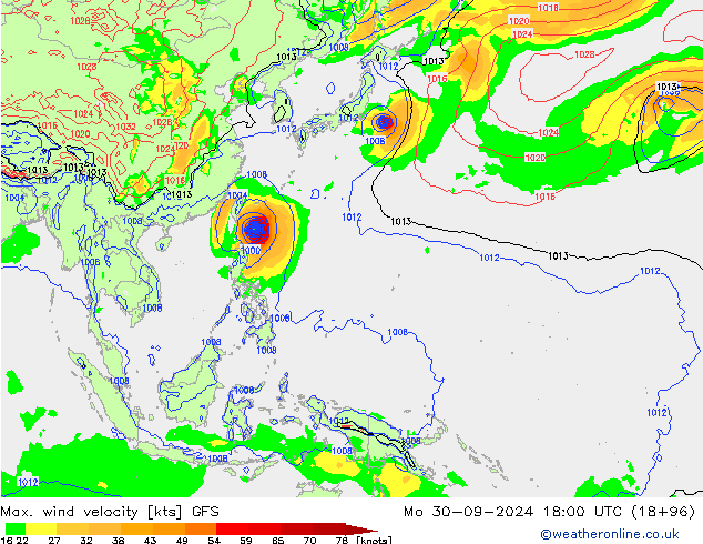 Max. wind velocity GFS lun 30.09.2024 18 UTC