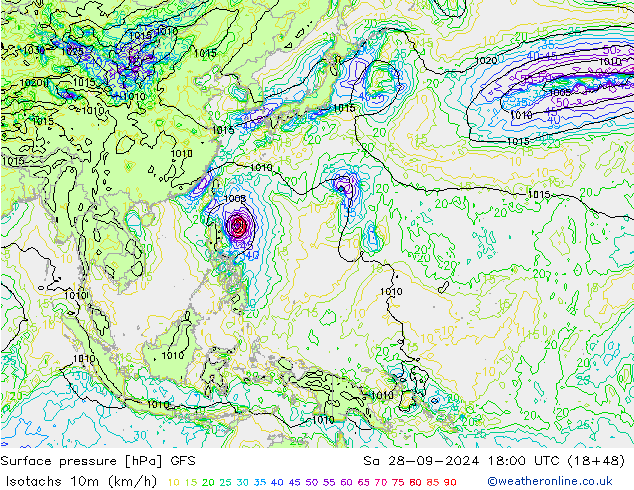 Isotachs (kph) GFS  28.09.2024 18 UTC